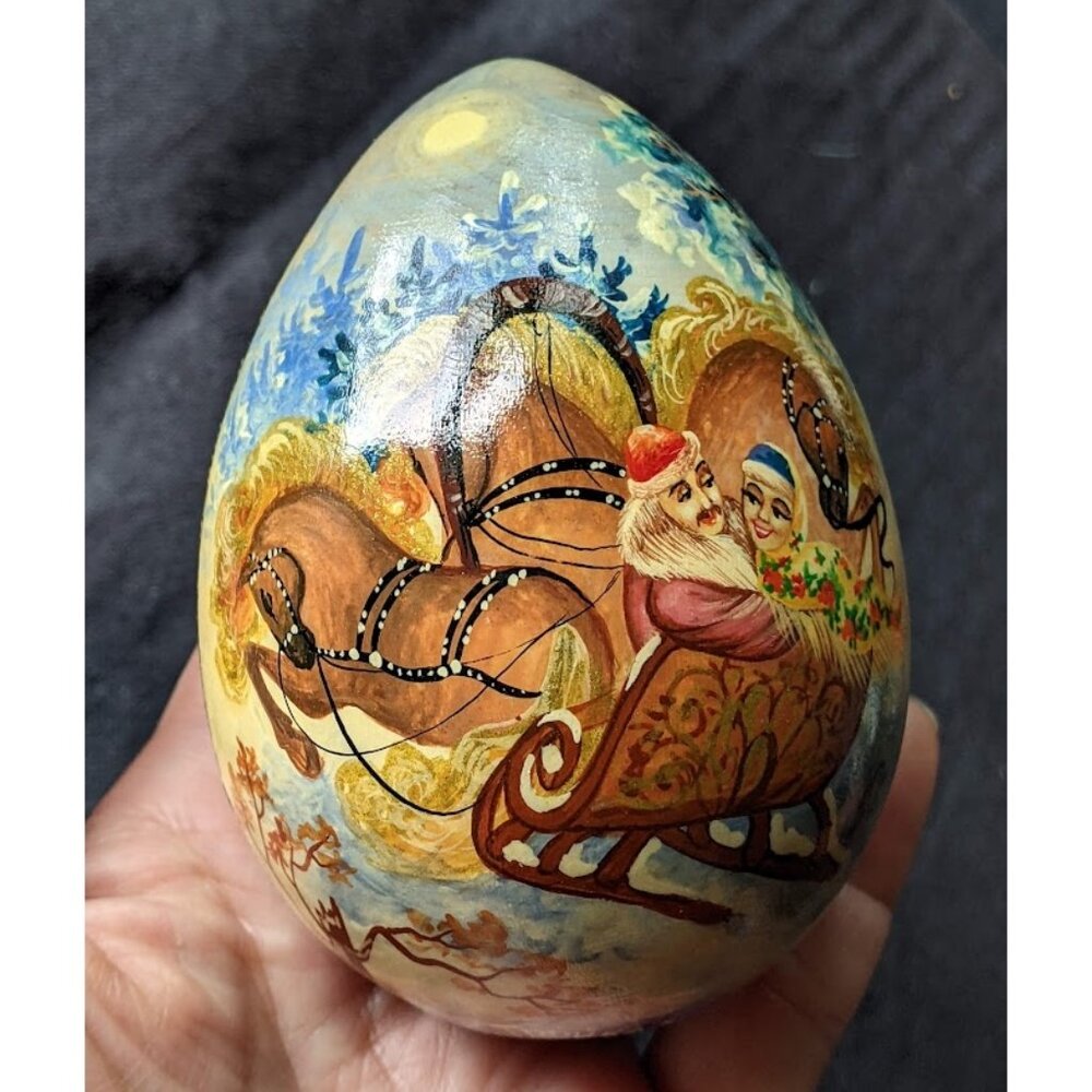 Vtg Handmade Wooden Egg Russian Folk Art Winter Troika Signed w/ Stand